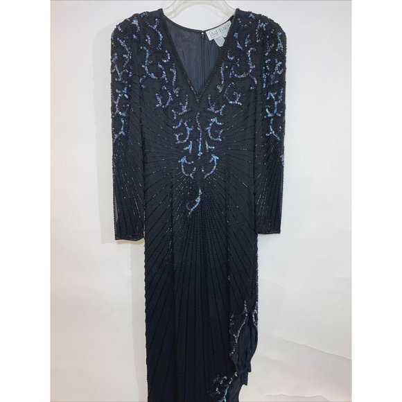 AJ Bari Dress Beaded Elegant Evening Date Wedding Asymmetric Disco Silk - Picture 2 of 11